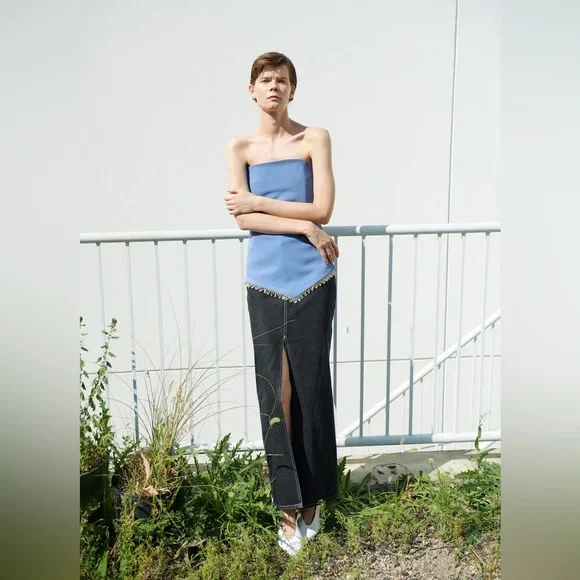 NOMIA NYC Designer Sz 6 Slit Front Maxi Jean Skirt In Black Stonewash NWOT - Picture 14 of 15